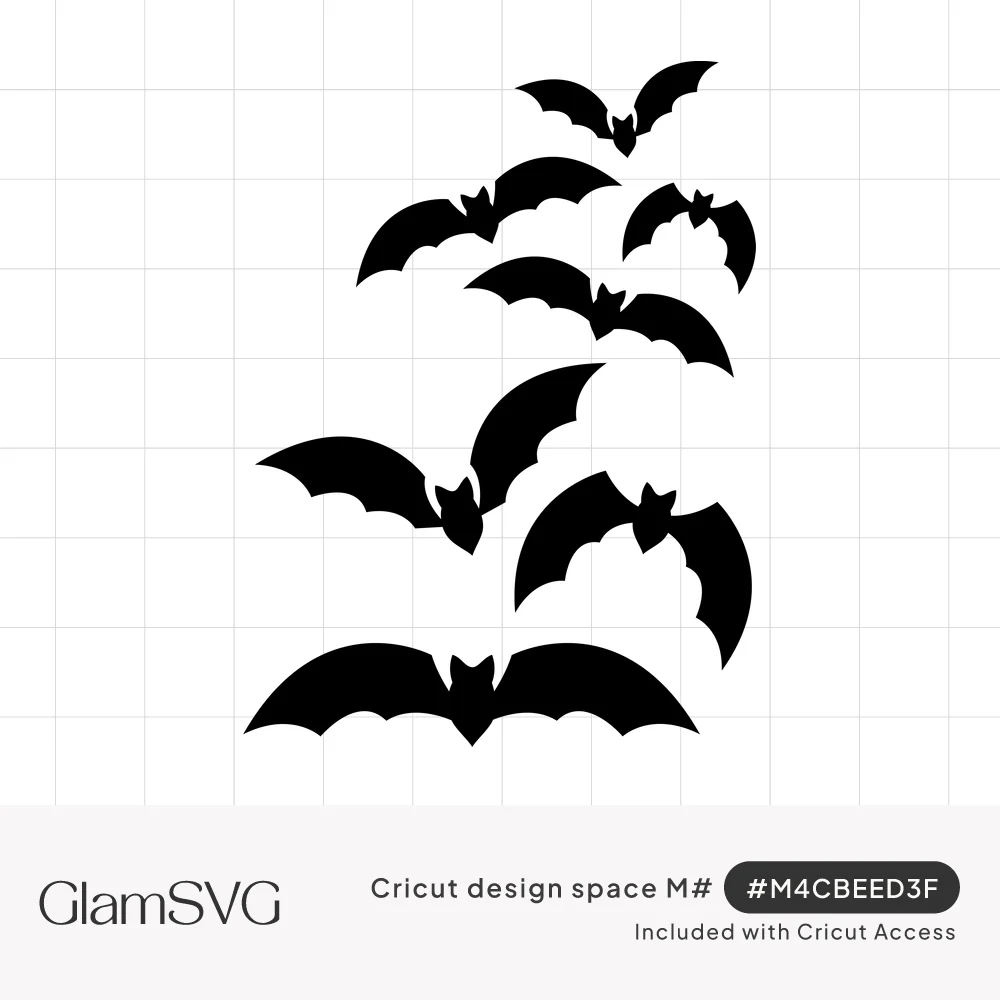 Black silhouettes of eight bats flying upward in a swirling flock, wings spread, on a white background