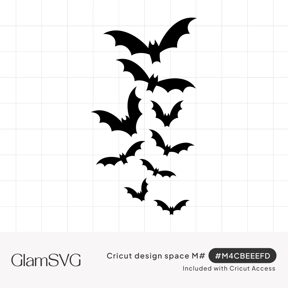 Black silhouettes of eleven bats flying upward in a trail, small at the bottom and larger toward the top
