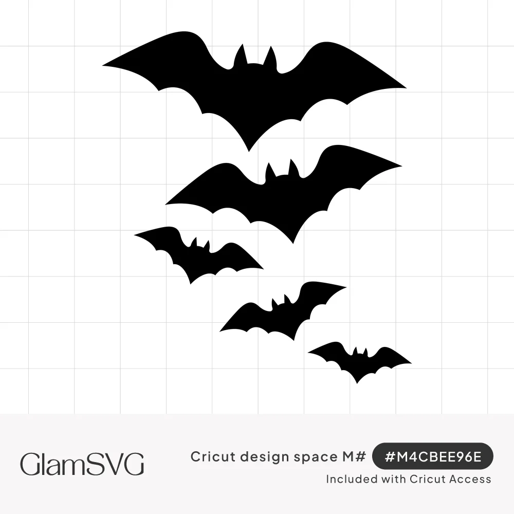 Five black bat silhouettes flying in a diagonal line, shrinking from a large bat at top left to a small one at bottom right