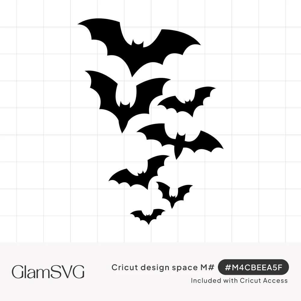 Seven black bat silhouettes of different sizes flying upward in a loose swarm on a white background
