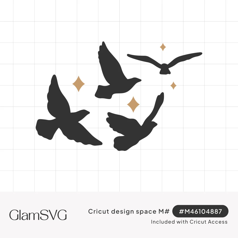 Four black bird silhouettes flying with wings spread, surrounded by small gold four-point sparkles