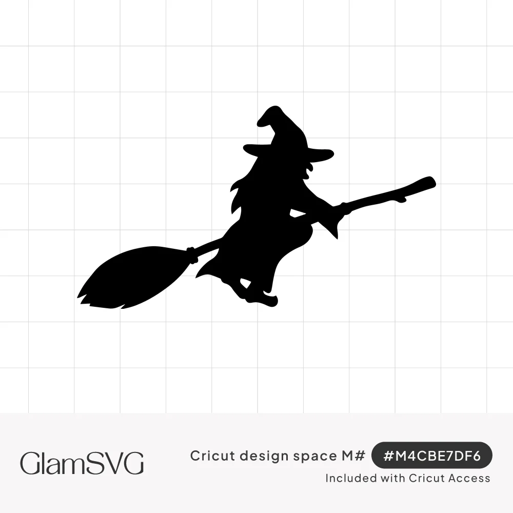 Black silhouette of a witch in a pointed hat flying on a broomstick with long hair and bristles trailing