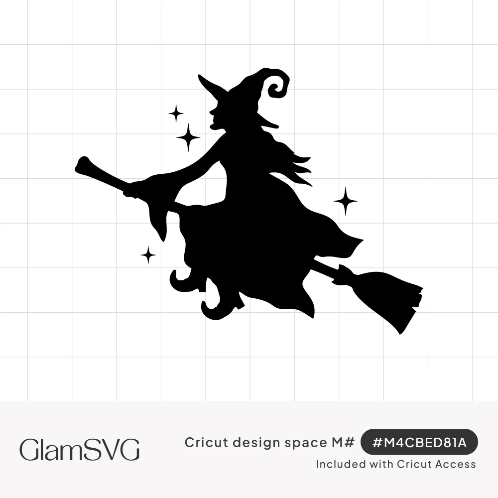 Black silhouette of a witch in a pointed hat flying on a broomstick, surrounded by small four-point sparkles