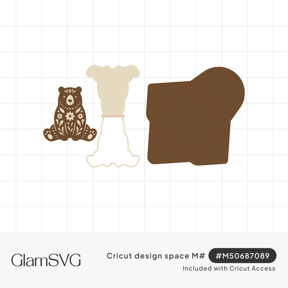 Brown folk art bear with floral cutouts beside a tan bear-shaped folding card and a brown scored envelope