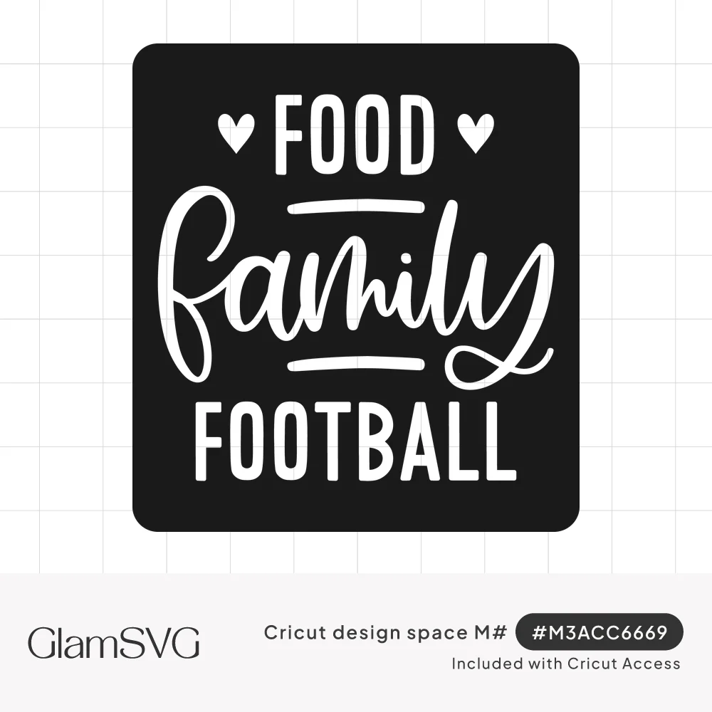 White lettering reading Food, family in script, and Football on black, with two small hearts beside the word Food