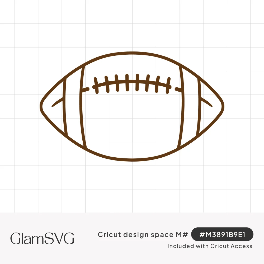 Brown outline drawing of an American football with curved side stripes and stitched laces across the top