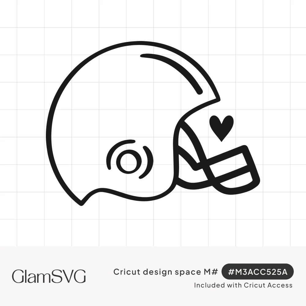 Black outline drawing of a football helmet in side view with a face mask and a small heart near the front