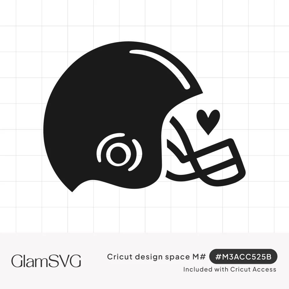 Solid black football helmet silhouette with white cutout highlight, ear hole, face mask and a small heart
