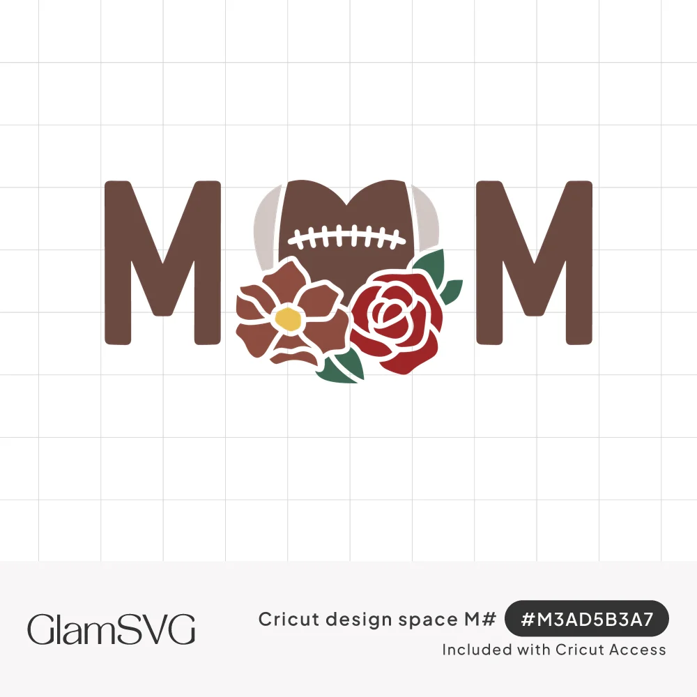 The word MOM in brown letters with a heart-shaped football as the O and a red rose and brown flower beneath it