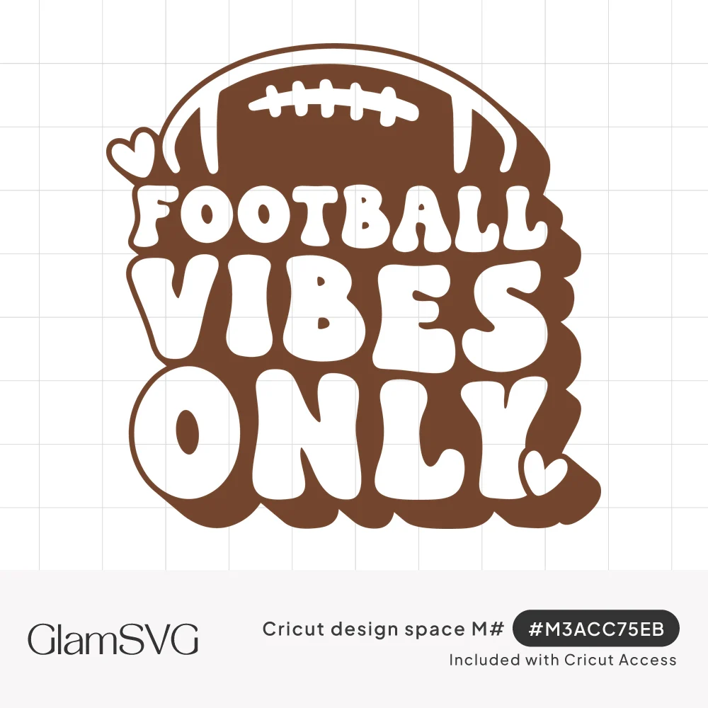 Brown football above bubbly white Football Vibes Only lettering on a brown backing with two small hearts