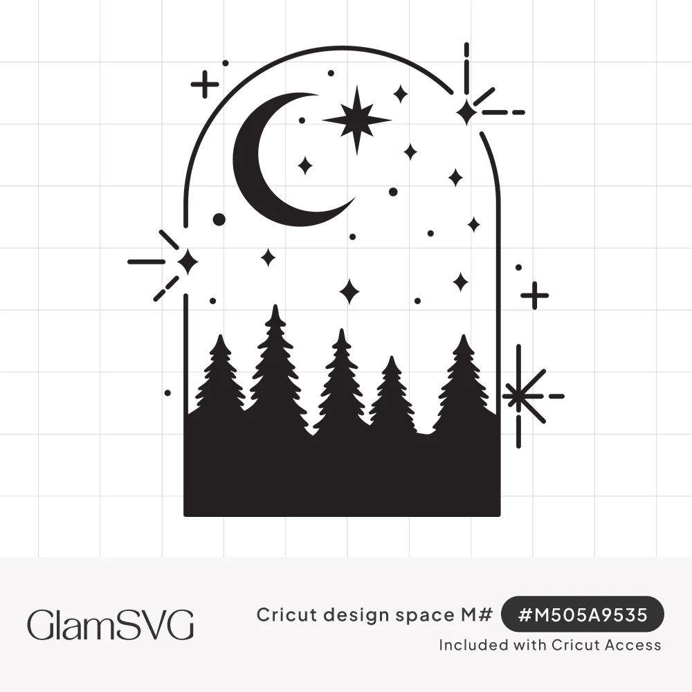 Black pine tree silhouettes inside an arched outline with a crescent moon, stars and sparkles above