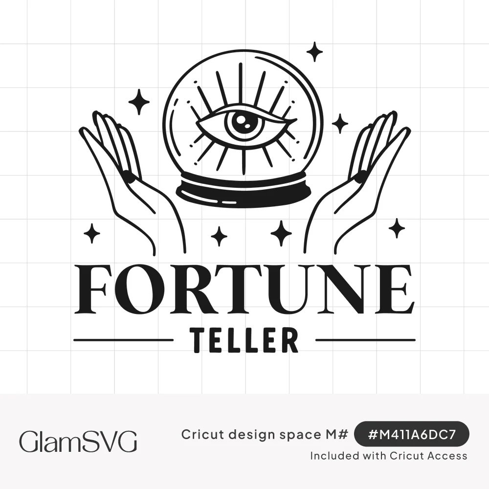Line art of two open hands beside a crystal ball with an eye inside, sparkle stars, and Fortune Teller lettering below