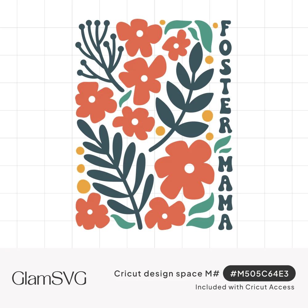 Rectangular panel of coral flowers, teal and mint leaves, and mustard dots with FOSTER MAMA in vertical block letters