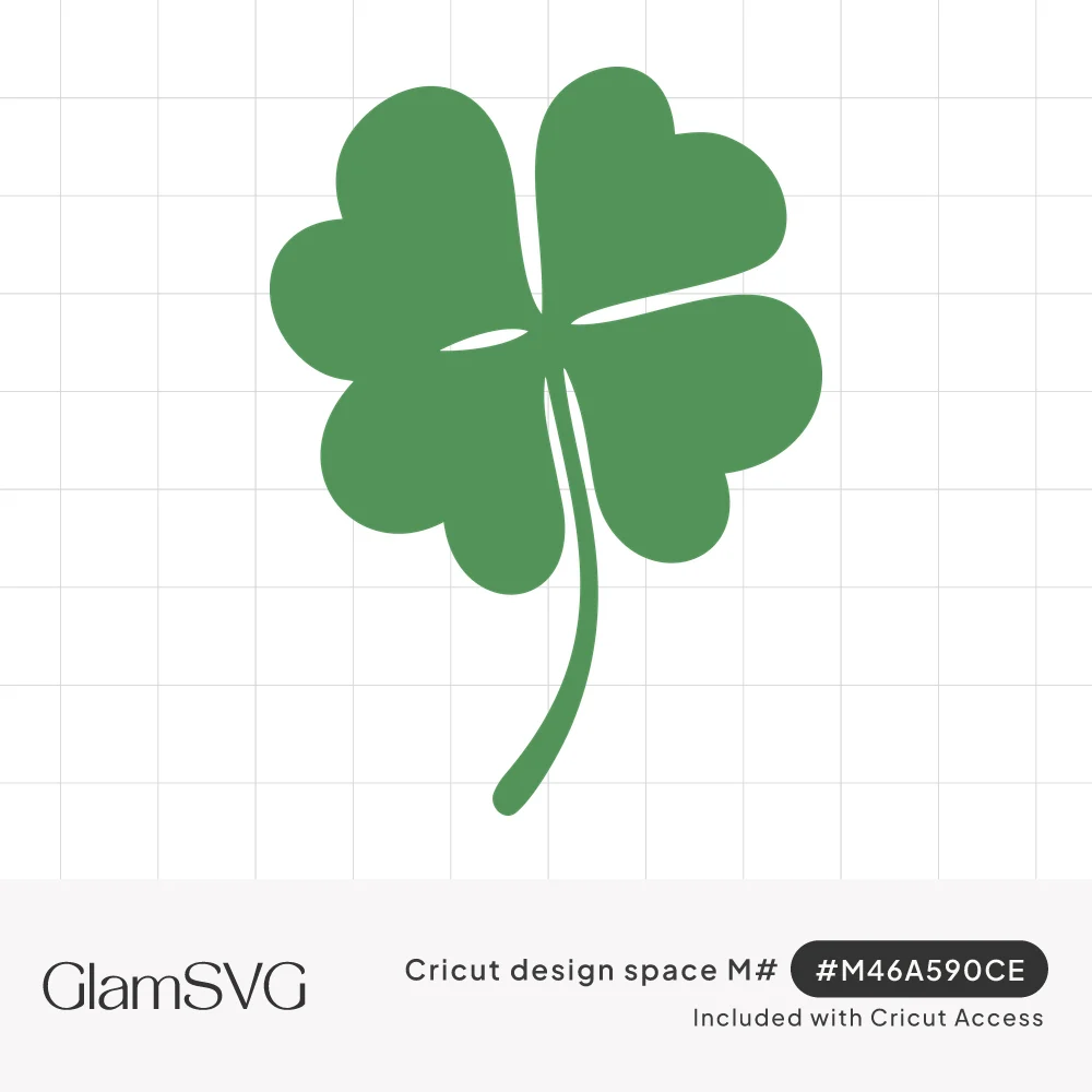 Solid green four-leaf clover silhouette with heart-shaped leaves, thin gaps between them, and a curved stem