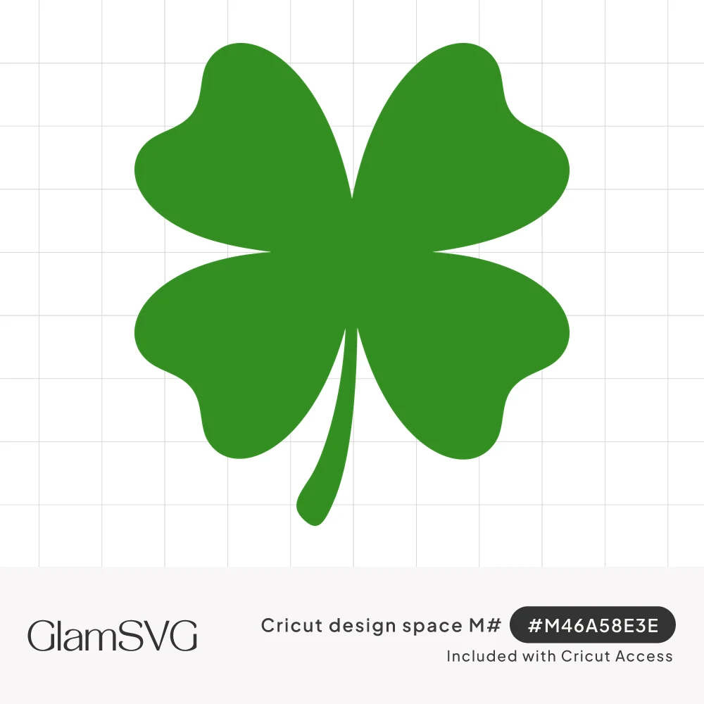 Solid green four-leaf clover with heart-shaped leaves and a thin curved stem on a white background