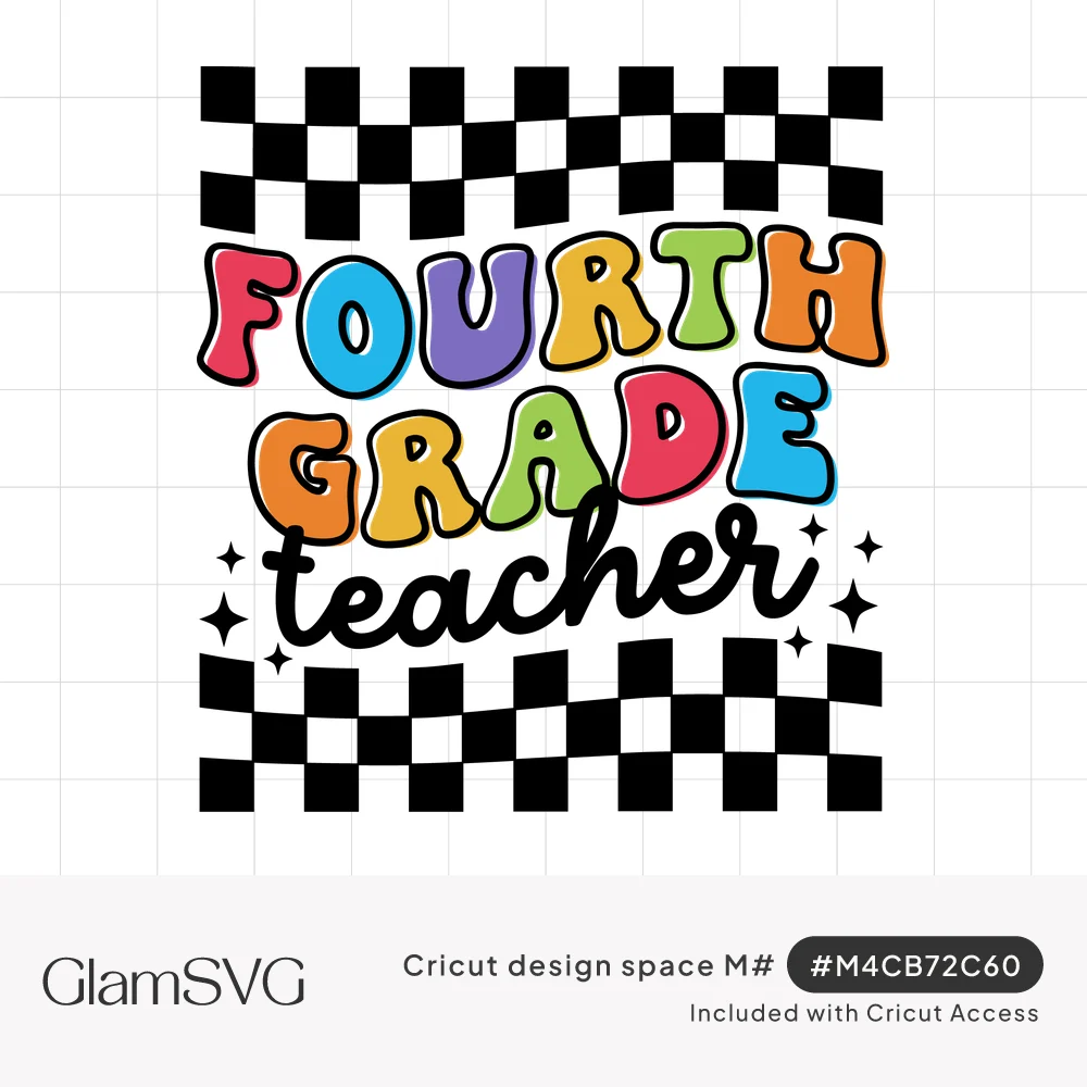Rainbow bubble letters reading Fourth Grade with black script teacher between wavy black and white checkerboard bands