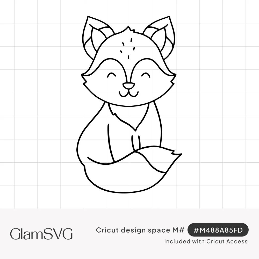 Black line drawing of a cute seated fox smiling with closed eyes, pointed ears and a fluffy tail curled around its feet