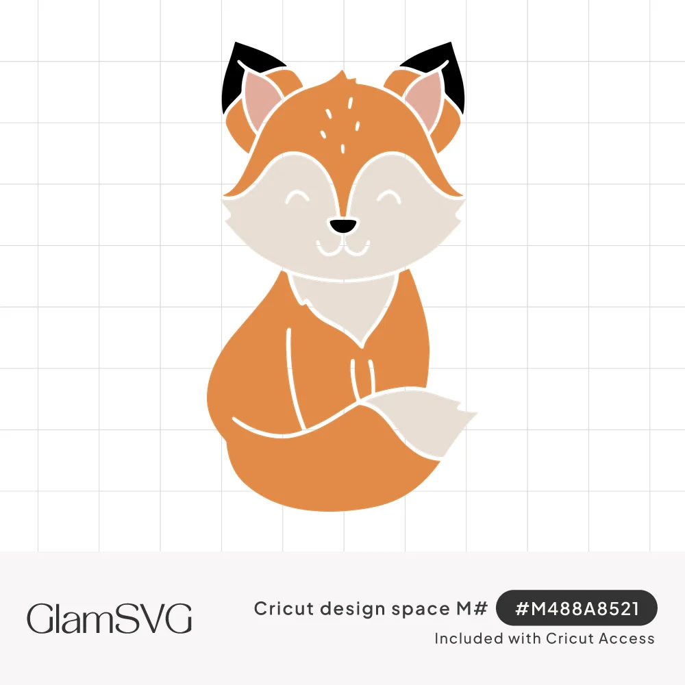 Cute orange cartoon fox sitting with closed smiling eyes, black-tipped ears and a white-tipped tail curled around it