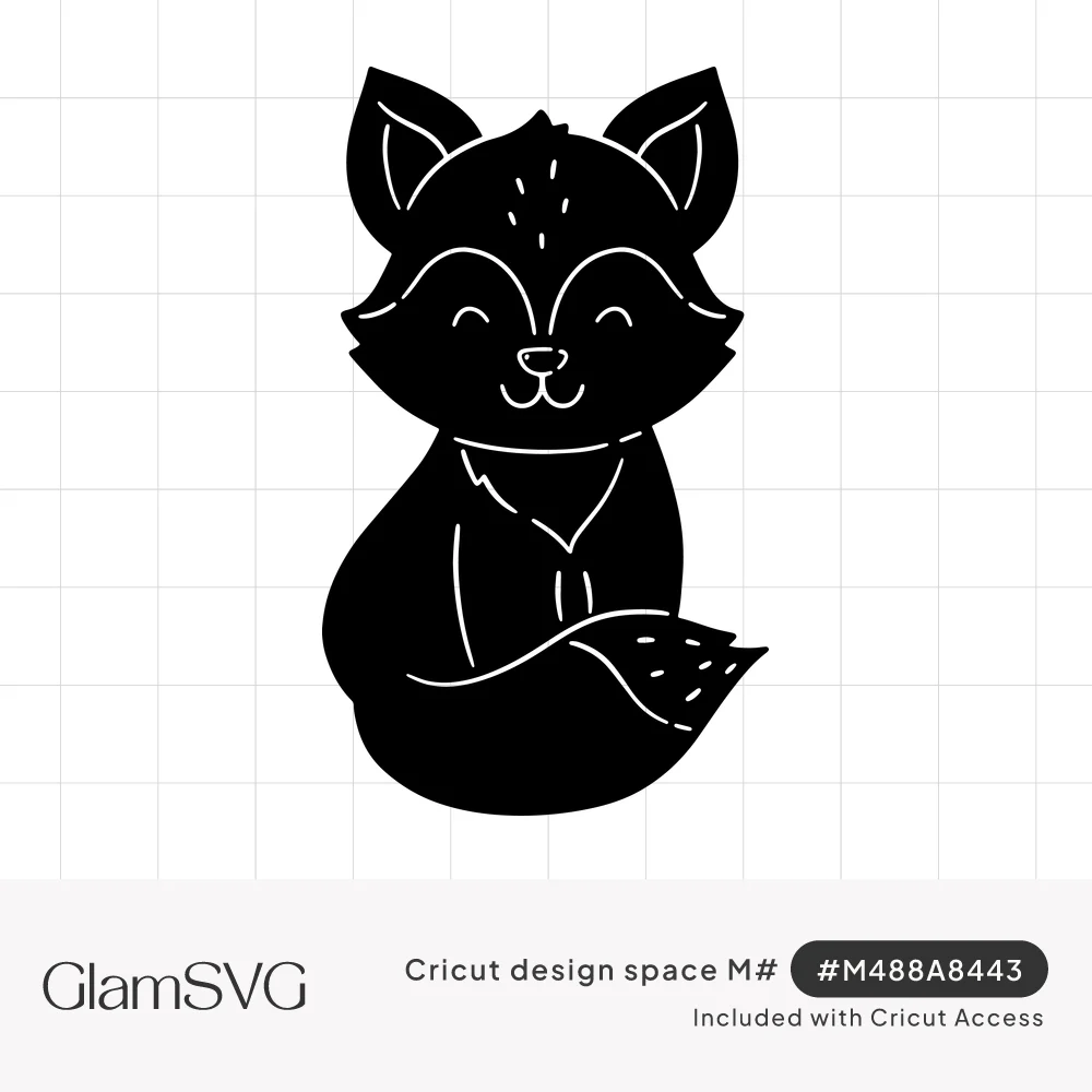 Black silhouette of a cute sitting baby fox with closed smiling eyes, pointed ears and a curled bushy tail