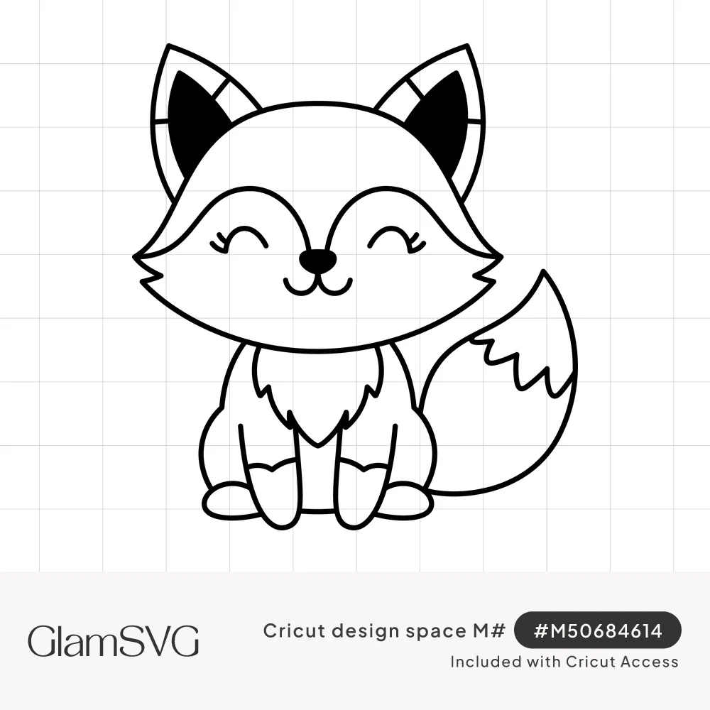 Black and white line drawing of a cute sitting fox with closed smiling eyes, pointed ears and a fluffy curled tail