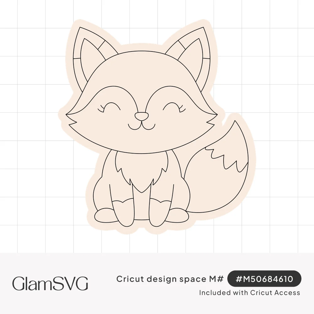 Cute cartoon baby fox sitting with closed smiling eyes, fluffy chest and bushy tail, with an outline border