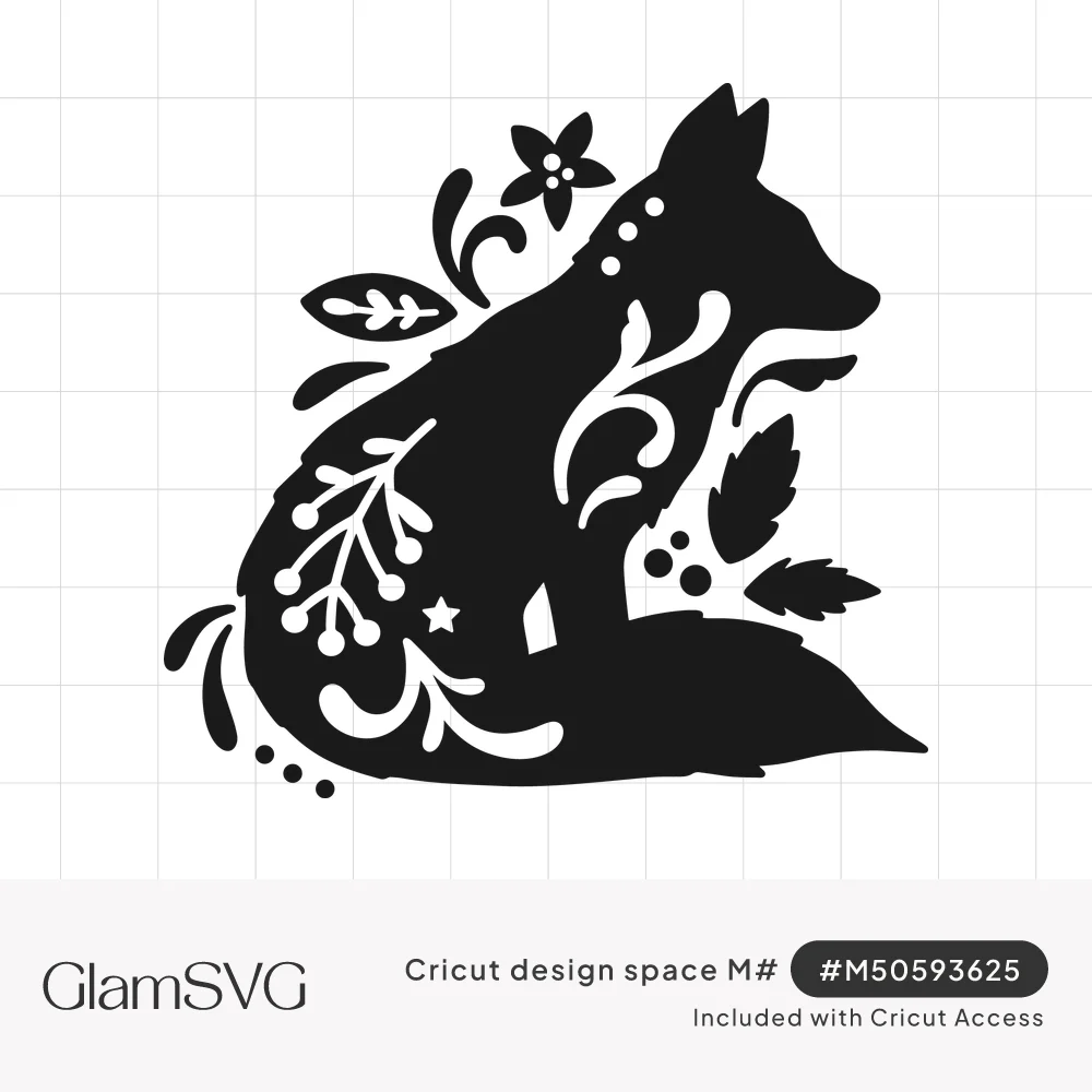 Black silhouette of a seated fox with cut-out folk art swirls, berries and a star, surrounded by leaves and a flower