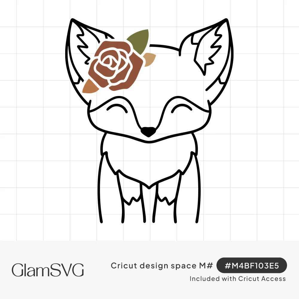 Line drawing of a sitting fox with closed smiling eyes and a brown rose with green leaves beside its ear