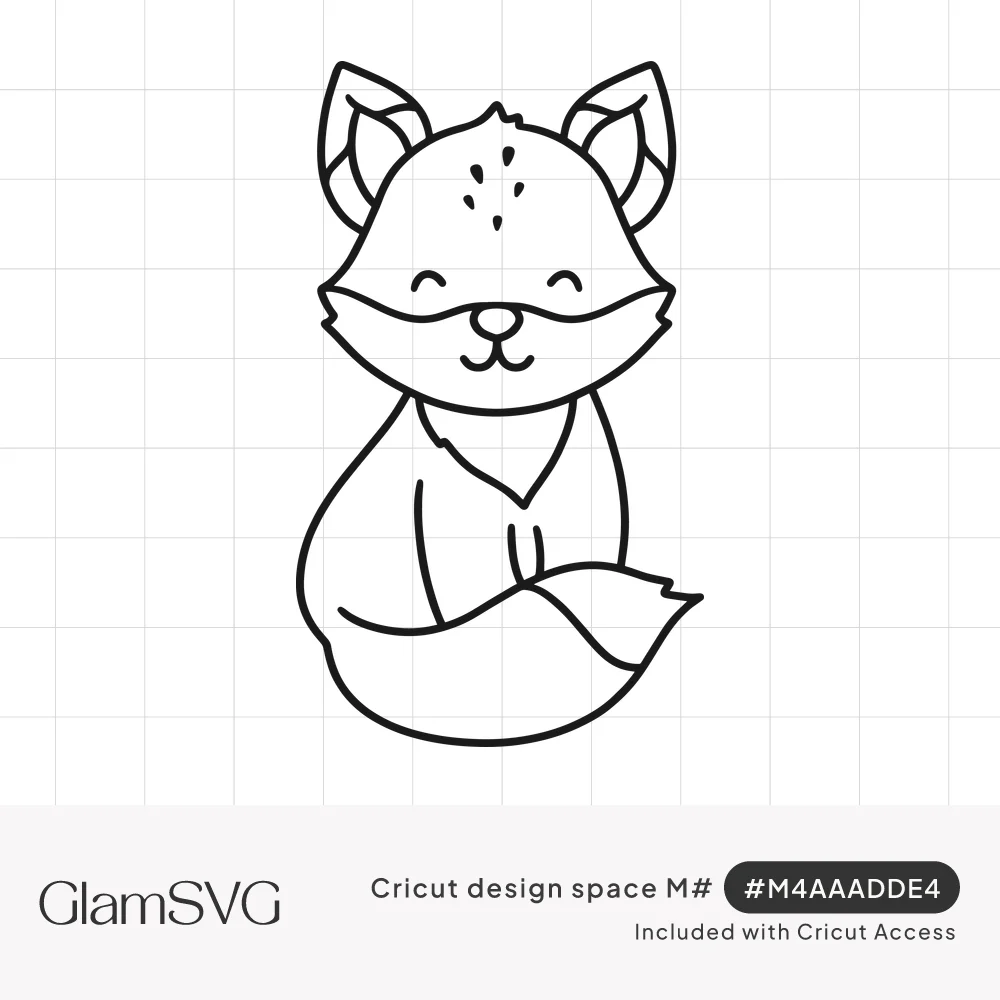 Black outline drawing of a cute smiling fox sitting upright with eyes closed and its fluffy tail curled around its paws