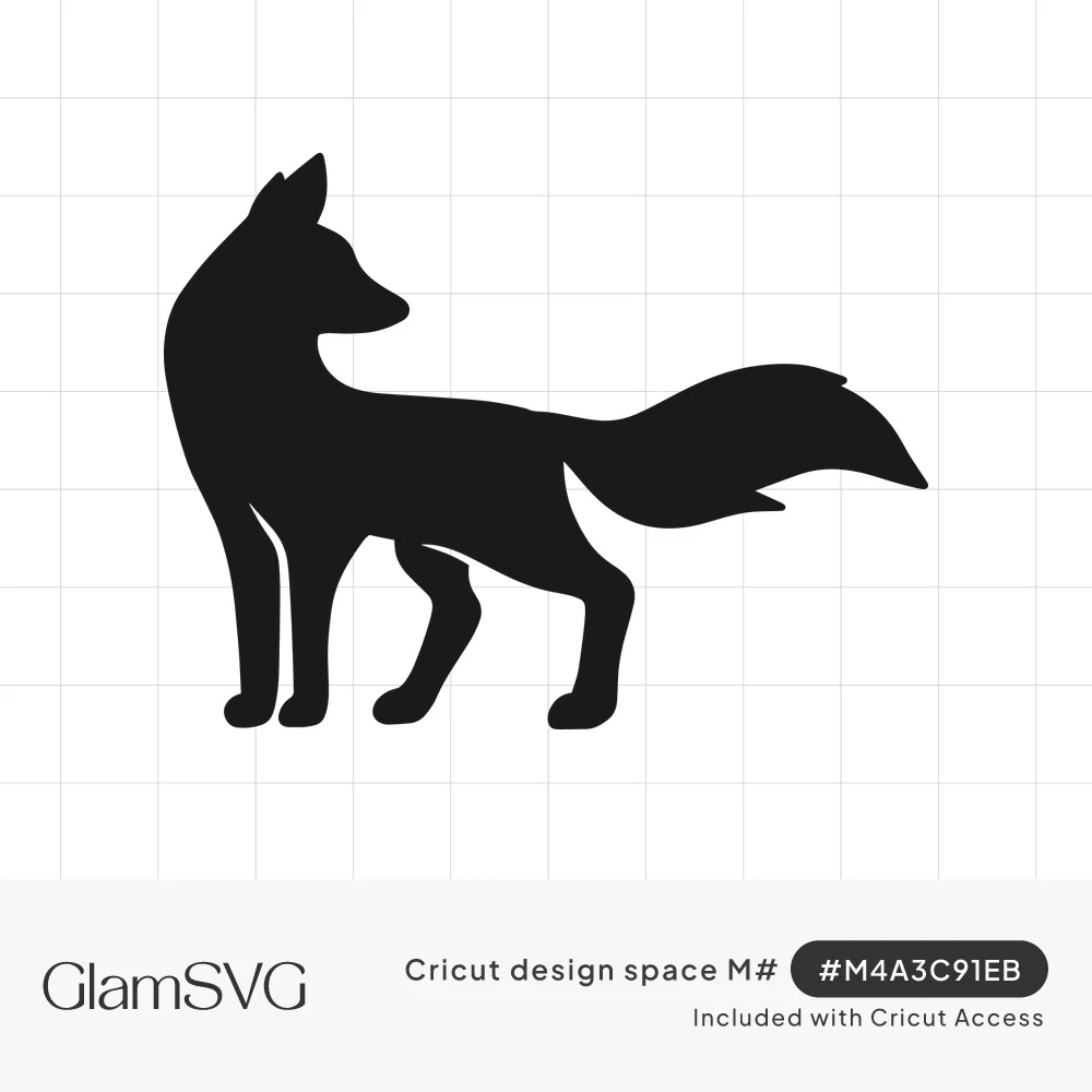 Black silhouette of a standing fox in profile, head turned back, with a long bushy tail