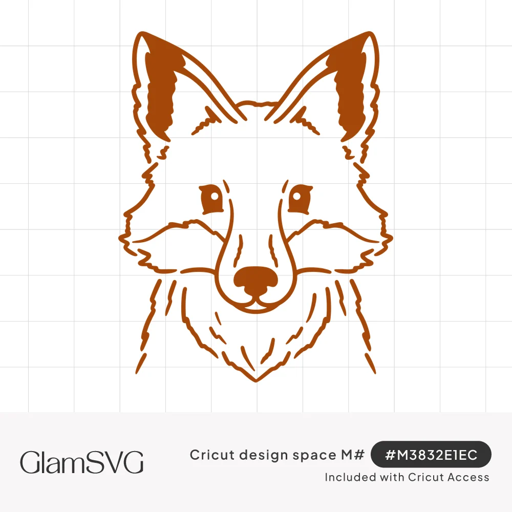 Rust-orange line drawing of a fox face with tall pointed ears, furry cheeks and a small dark nose