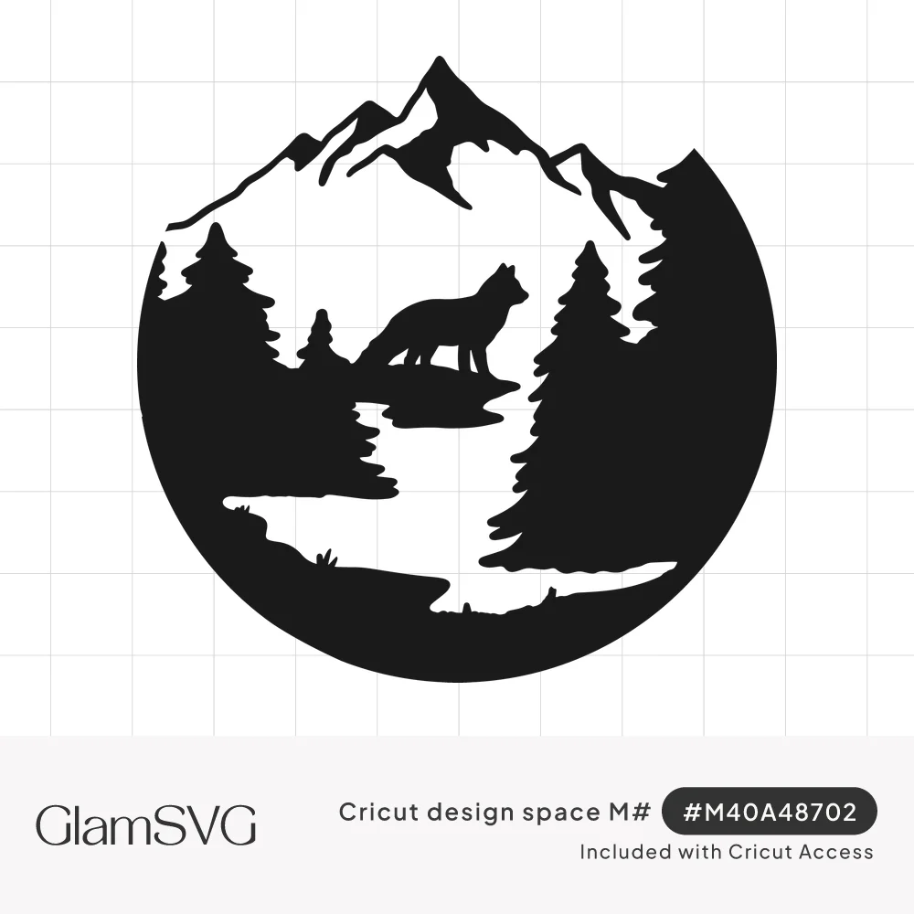 Black circular silhouette of a fox on a rock above a winding river, framed by pine trees and snowy mountain peaks