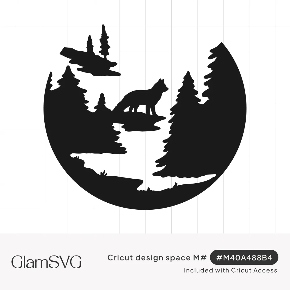 Black circular silhouette of a fox on a ledge above a winding stream, framed by pine trees and a small forested island