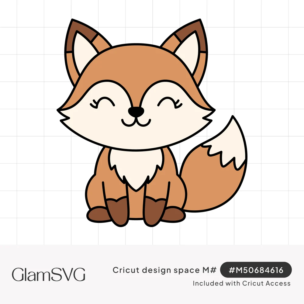 Cartoon fox sitting upright with closed smiling eyes, pointed ears and a fluffy white-tipped tail in rust and cream