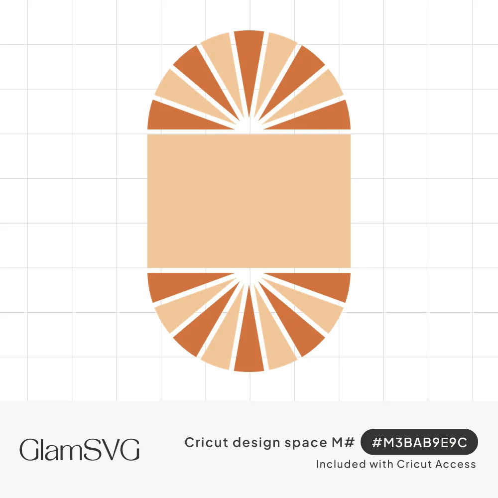 Rounded capsule frame with alternating terracotta and peach sunburst rays at top and bottom around a blank center panel