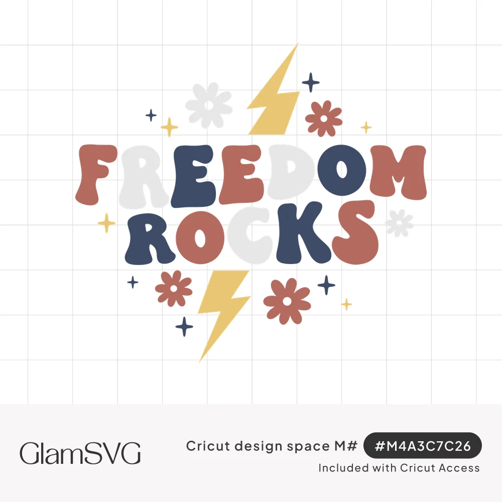 Groovy bubble letters reading Freedom Rocks in red, white and navy with yellow lightning bolts, daisies and stars
