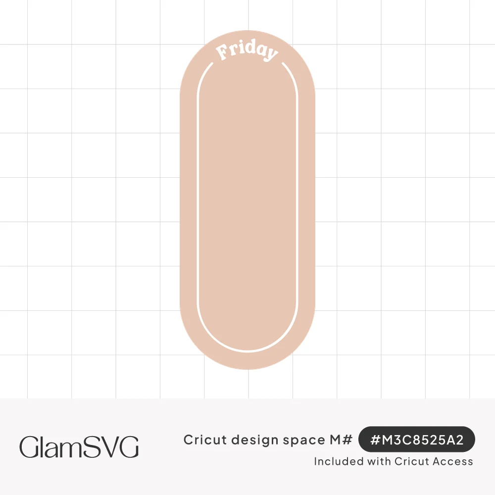 Blush pink rounded capsule label with the word Friday arched at the top and a thin white inner outline