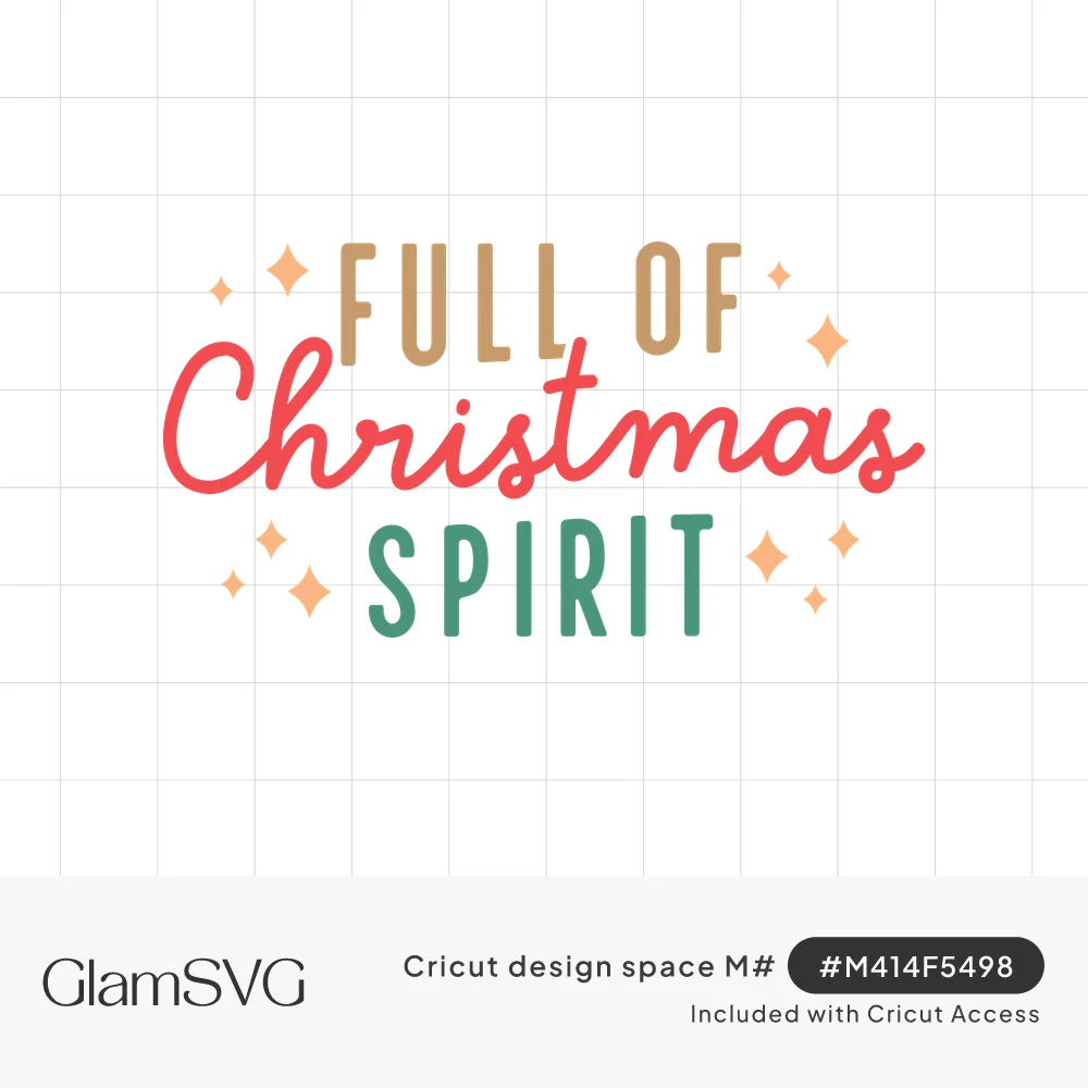 "Full of Christmas Spirit" in tan and green block letters with red script, surrounded by peach sparkles