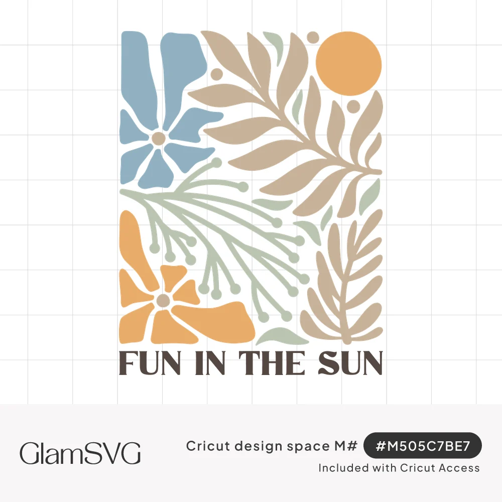 Abstract boho botanical block with blue and orange flowers, beige fronds and an orange sun above the words Fun in the Sun