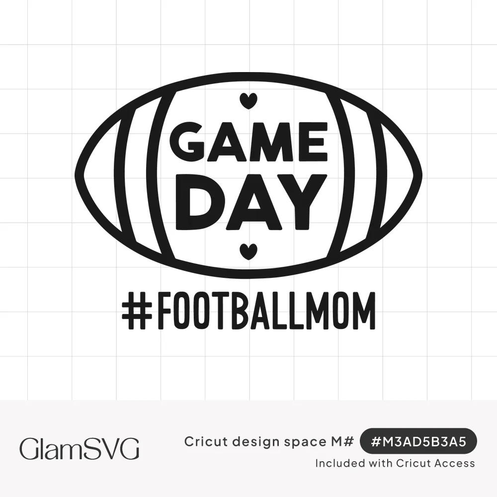 Black outline football with GAME DAY lettering and two small hearts inside, with #FOOTBALLMOM written underneath