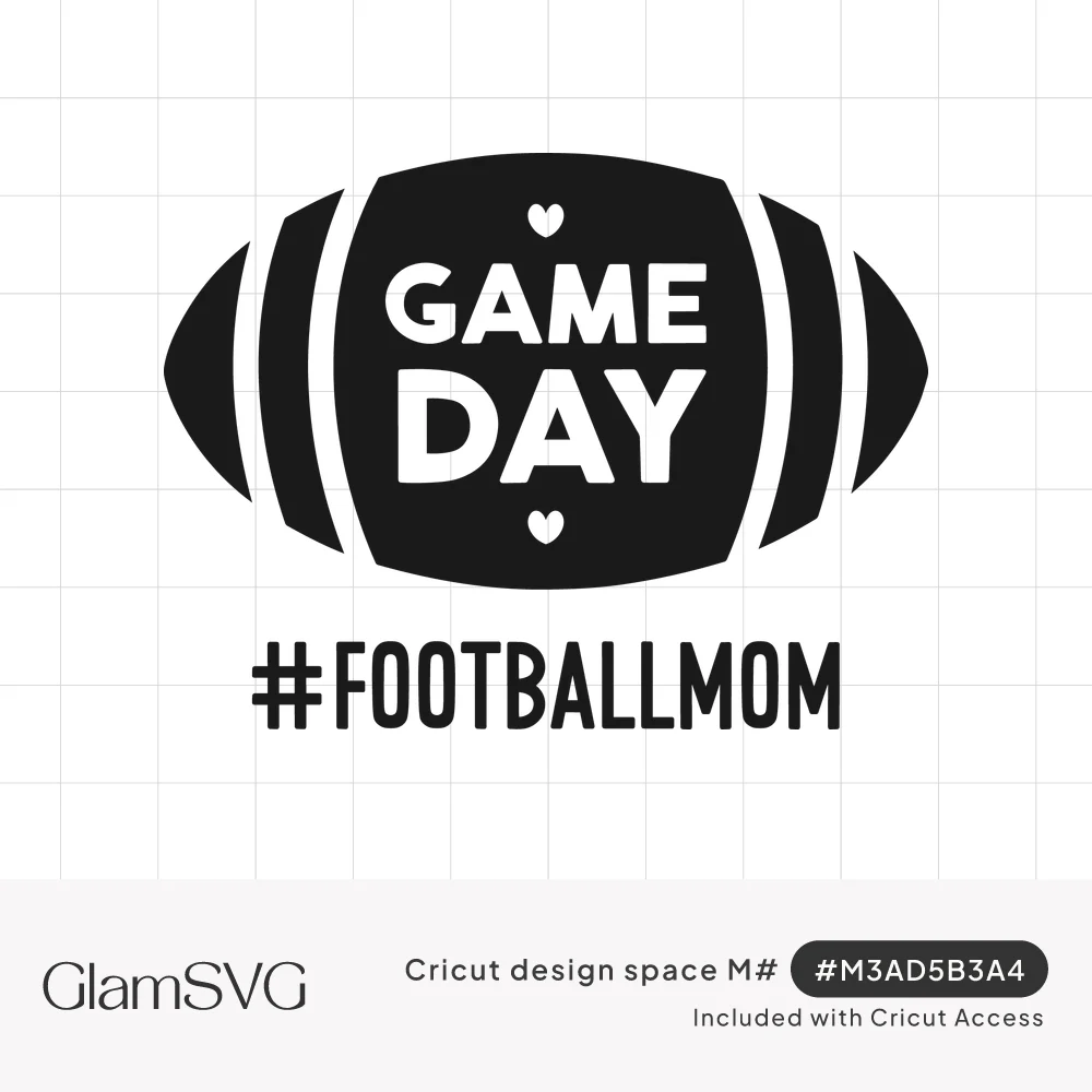 Black football silhouette with white GAME DAY text and small hearts, with #FOOTBALLMOM written below