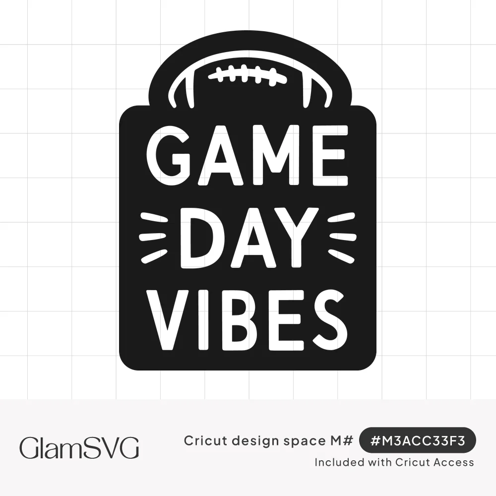 Black badge with a football on top and white bold lettering reading Game Day Vibes with small dash accents