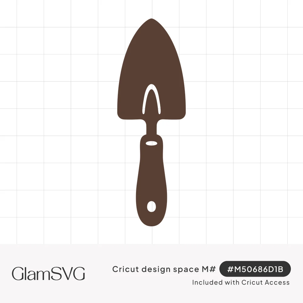 Brown silhouette of a garden trowel with a pointed blade, curved slot cutout, and a hang hole in the handle