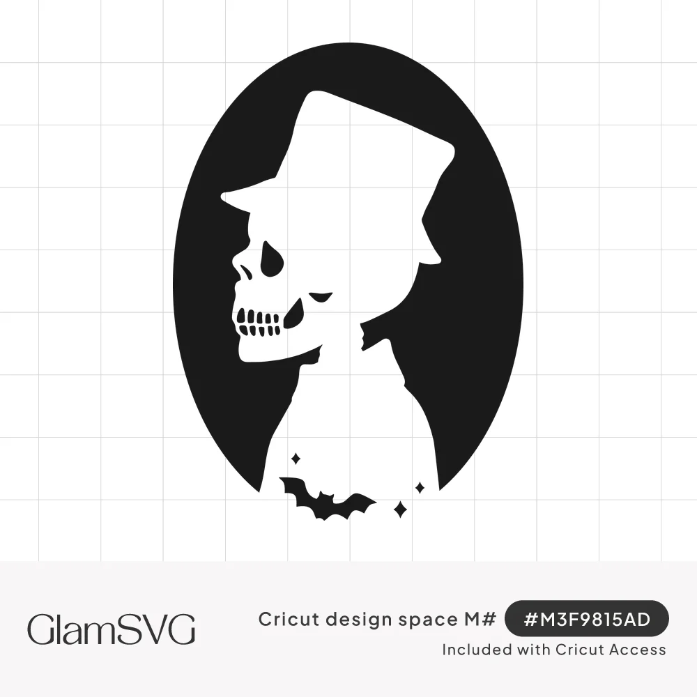 Black oval cameo with a white skeleton silhouette in profile wearing a top hat, with a small bat and stars below