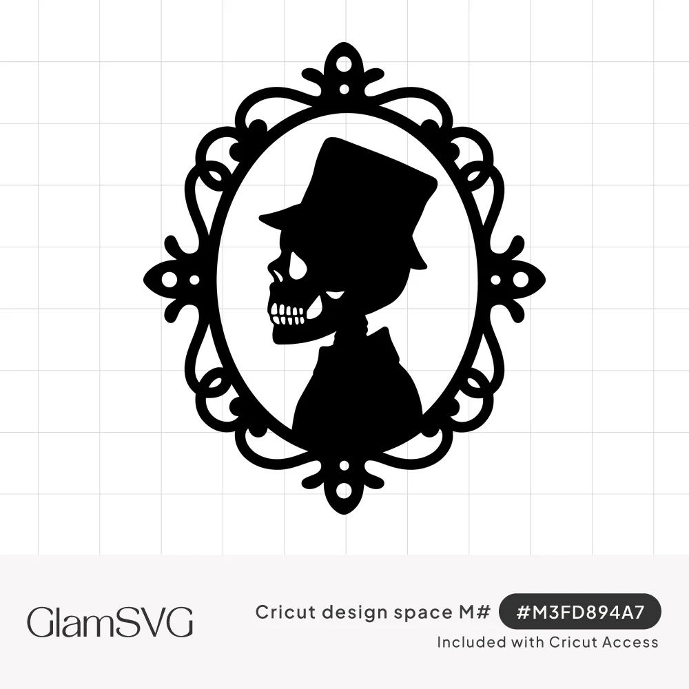 Black silhouette of a skeleton in a top hat shown in profile inside an ornate oval Victorian cameo frame