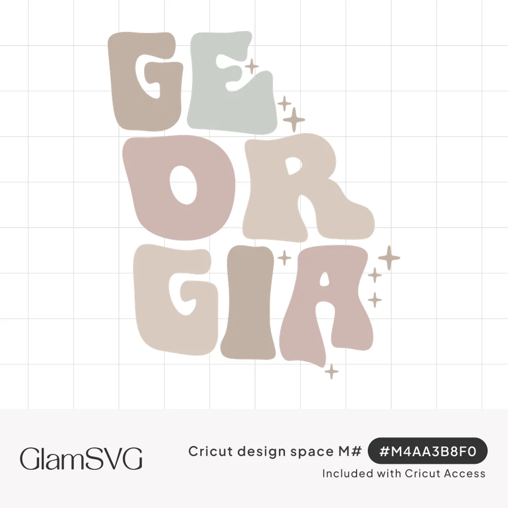The word Georgia in groovy bubble letters shaped like the state outline, in muted taupe, sage and blush with small sparkles