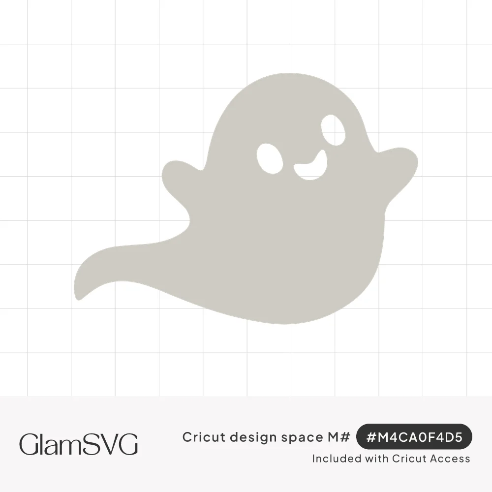 Simple gray ghost silhouette with cutout oval eyes and a smile, arms raised and a wispy curled tail