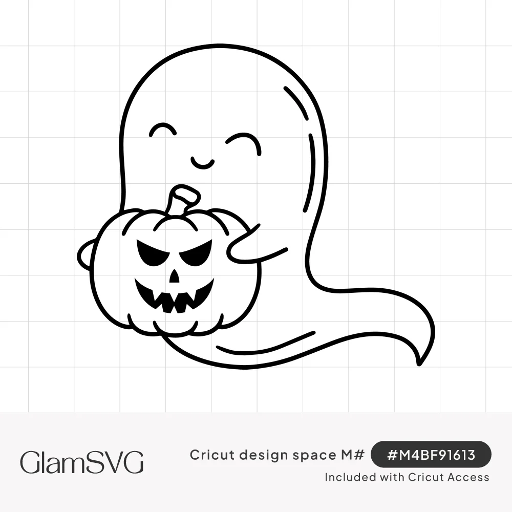 Line drawing of a cute smiling ghost hugging a jack-o'-lantern with a mischievous carved face