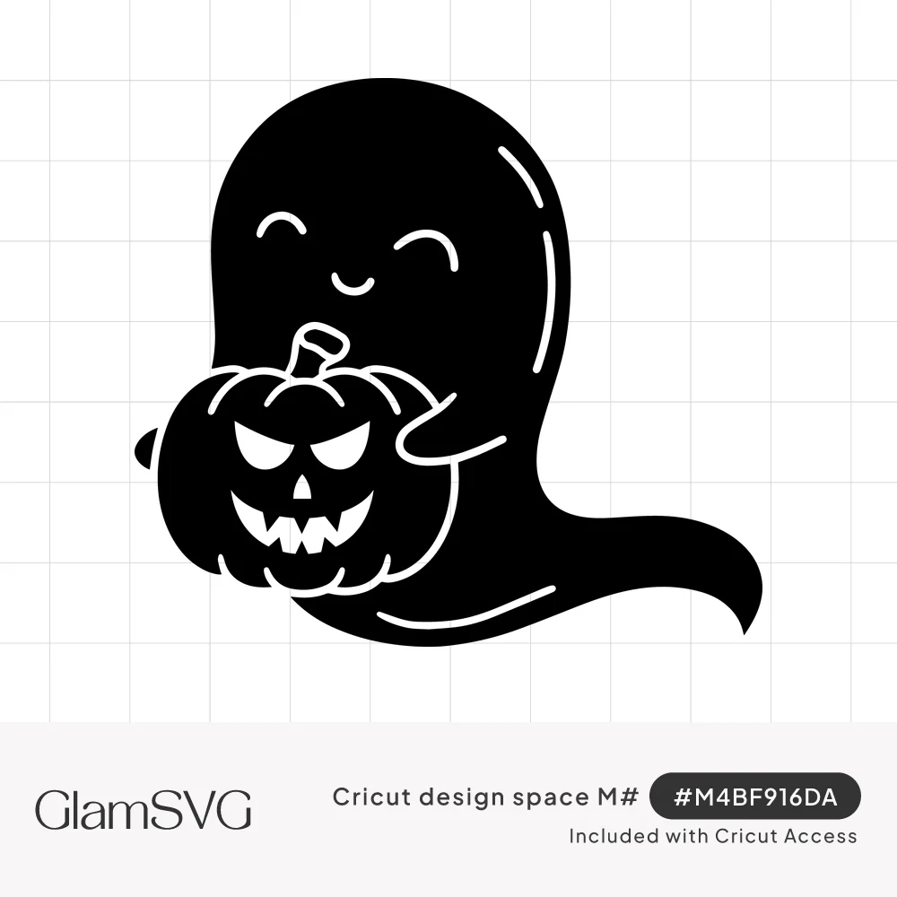 Black silhouette of a smiling cartoon ghost hugging a carved jack-o'-lantern with a spooky grin