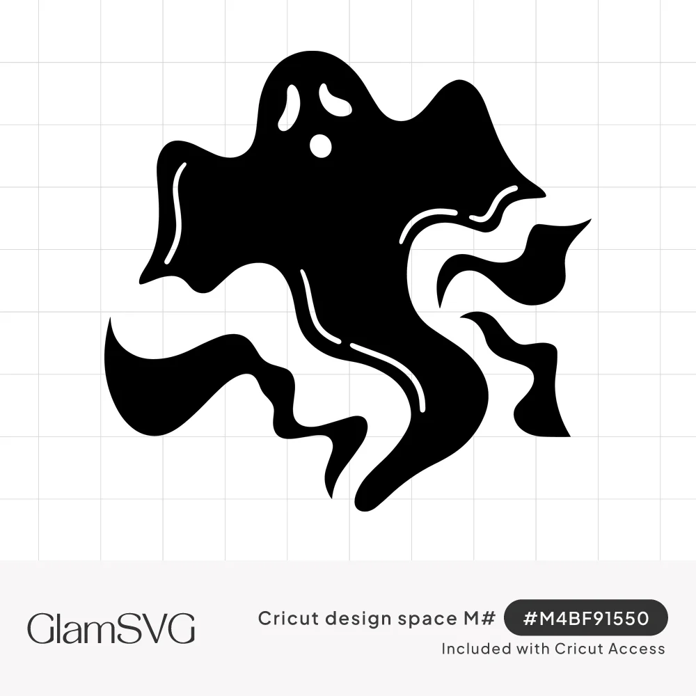 Black silhouette of a floating ghost with oval eyes, round mouth and wavy sheet trailing into swirling wisps