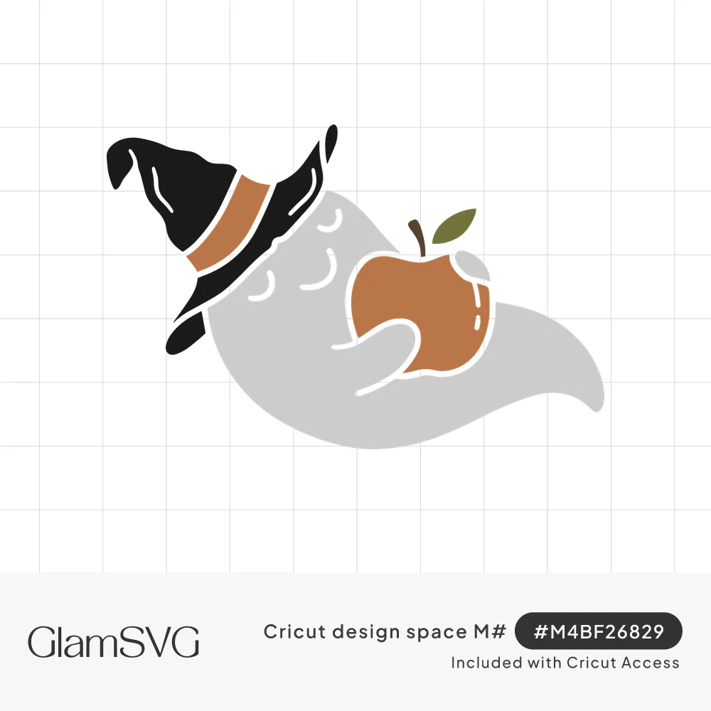 Gray ghost with sleepy eyes wearing a black witch hat with an orange band, hugging an orange apple with a green leaf